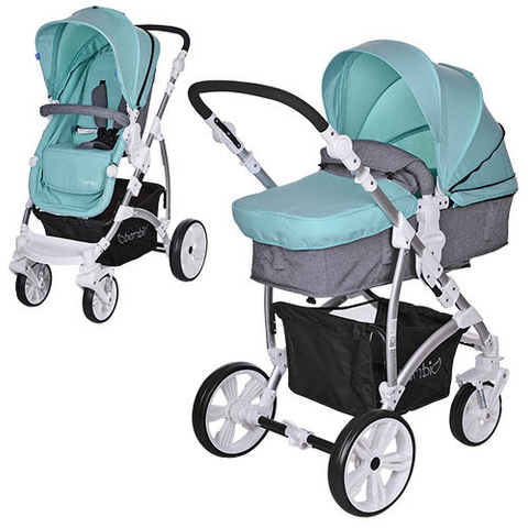 Коляска детская M 3407-15 (1шт) универс,глуб.капюш,колеса4шт,5-ти точ.рем,амортиз,серо-мятная
