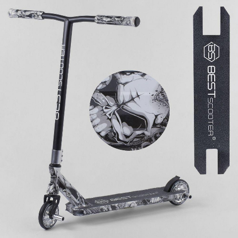 Самокат трюковый 93215 Best Scooter (4) HIC-система, ПЕГИ, алюминиевый диск и дека с ПРИНТОМ, колёса PU, d=110мм, ширина руля 58 см,