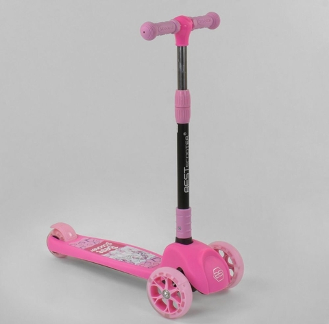 Самокат трехколісний 47787,  Best Scooter, РОЗОВИЙ, СВІТ КОЛЕС І ДИСКОВ, колеса PU, СКЛАДНИЙ РУЛЬ, в коробці