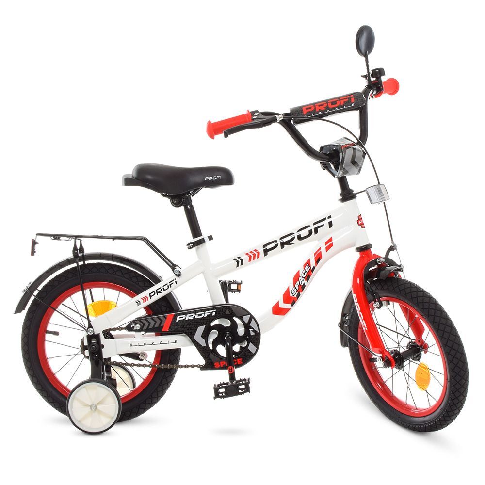 Велосипед 14" PROF1 Space T14154, бело-красный,звонок,доп.колеса