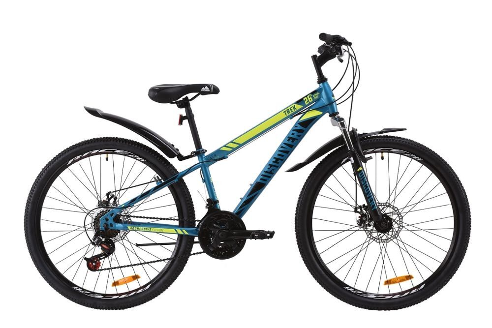 Велосипед 26" Discovery TREK (OPS-DIS-26-280), AM DD рама-15" ST малахитовый с желтым (м) с крылом Pl 2020