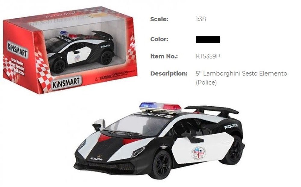 Модель легковая 5" KT5359WP LAMBORGHINI SESTO ELEMENTO POLICE метал.инерц.откр.дв.1:38.кор./96/