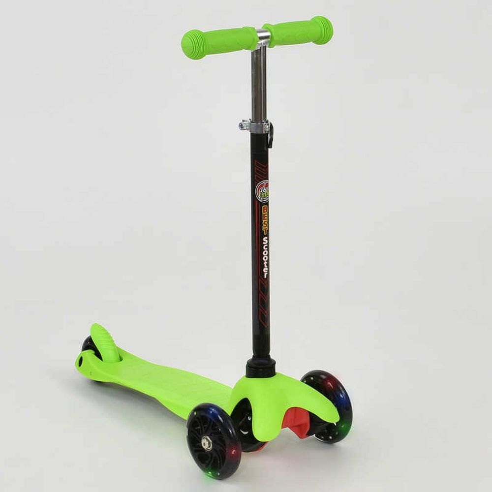 Самокат А 24687 / 466-112 MINI "Best Scooter" (8) САЛАТОВЫЙ, пластмассовый, СВЕТ. КОЛЁСА PU, трубка руля алюминиевая матовая, в кор-ке