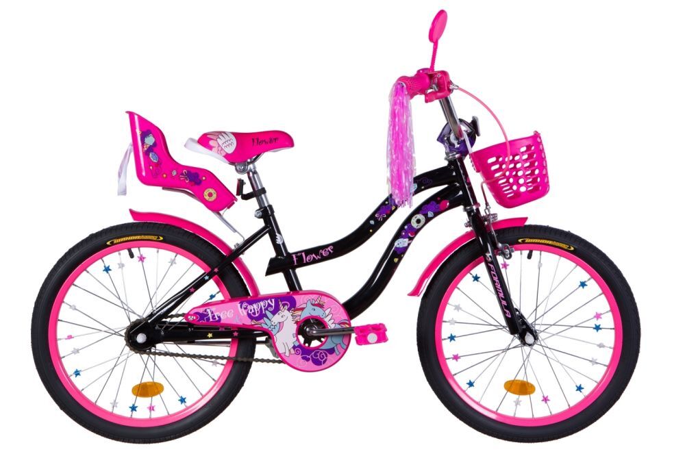 Велосипед 20" Formula FLOWER PREMIUM (OPS-FRK-20-125), рама-13" ST черный с розовым с багажником для кукол, с крылом St 2020