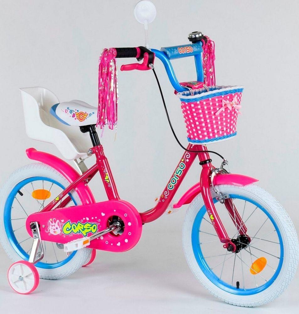 Велосипед 16" CORSO 1647, ручной тормоз, звоночек, кресло для куклы, корзинка, доп. колеса, СОБРАННЫЙ