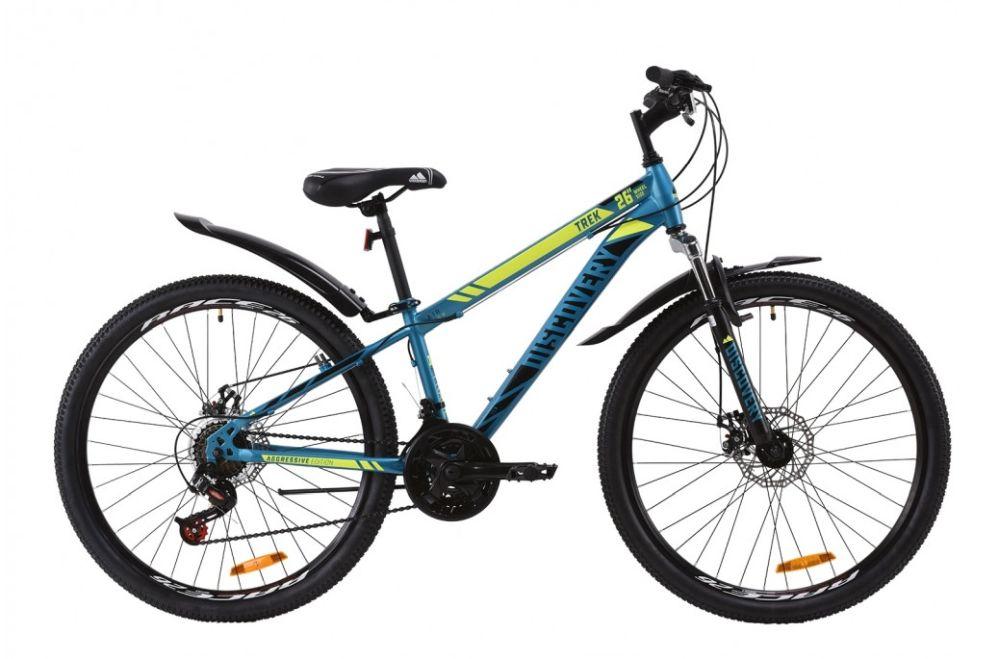 Велосипед 26" Discovery TREK (OPS-DIS-26-280), ST AM DD рама-15" малахитовый с желтым (м) с крылом Pl 2020