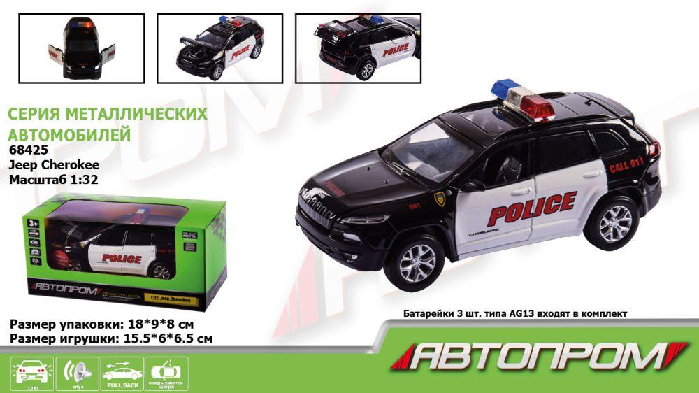 Машина металл 68425, "АВТОПРОМ",1:32 Jeep Cherokee-Police,батар, свет,звук,откр.двери,в коробке 18*9*8 см