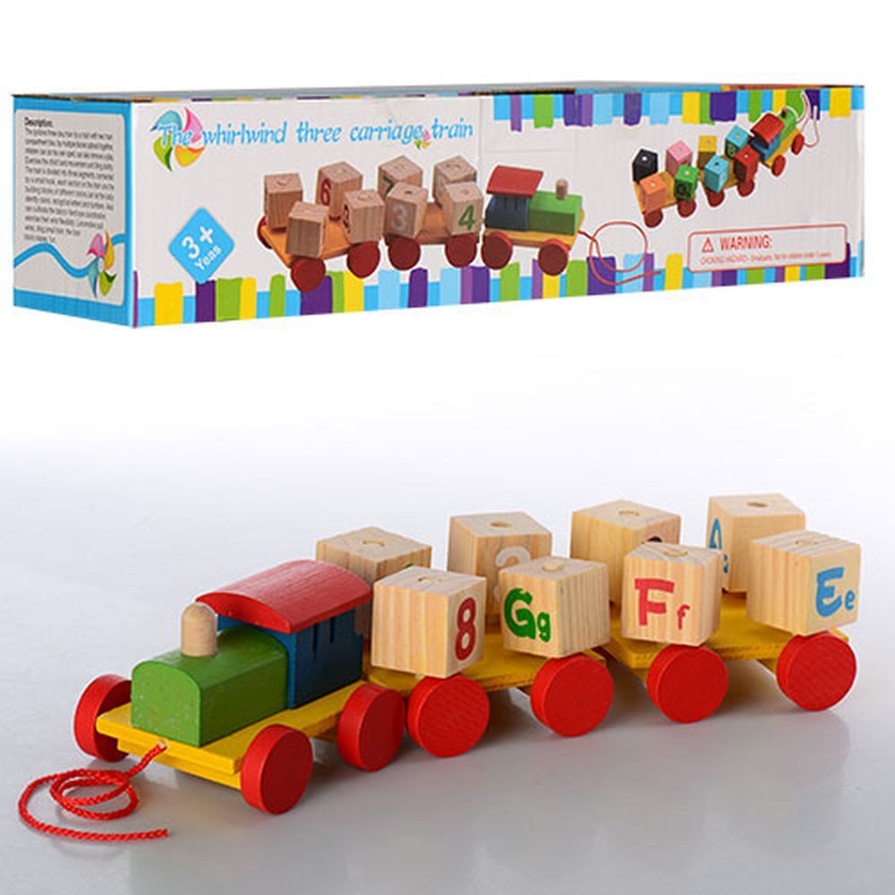 Деревянная игрушка Паровозик MD 0917, каталка, геометрика, кубики 8шт, в кор-ке, 30-9-7см