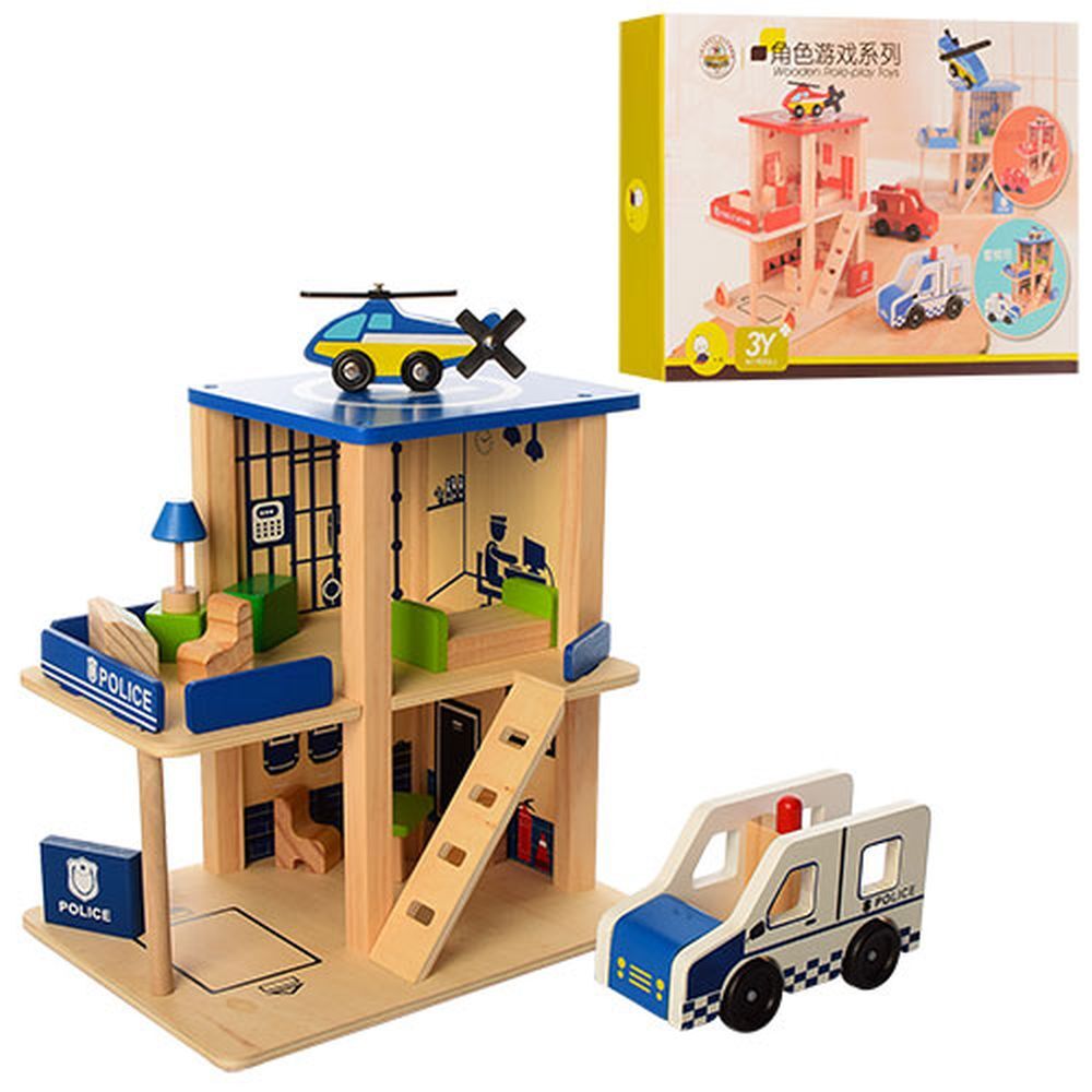 Деревянная игрушка Гараж MD 1059, 2 этажа,транспорт,2вида(полиция,пожарная),в кор-ке,39-28-8см