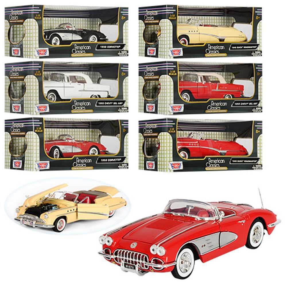 Машинка 73100 J (6шт) жел,1:18,3вид(Chevy Bel Air55,Buick Roadmaster49,Chevrolet Corvett58),в кор-ке