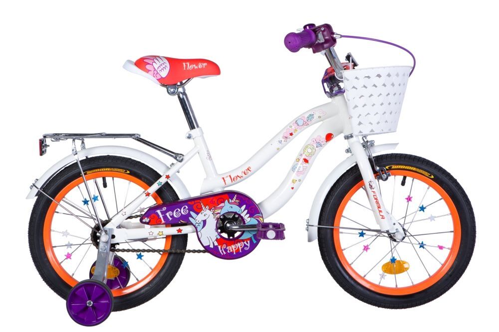 Велосипед 16" Formula FLOWER (OPS-FRK-16-111), рама-10" ST бело-оранжевый c фиолетов с багажником зад St, с крылом St 2020